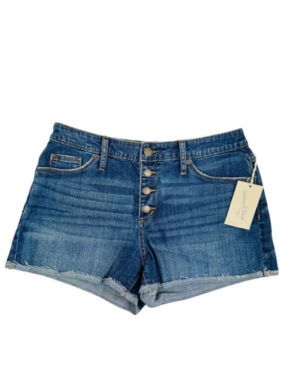 Universal Thread Jean Shortie Shorts Sz 6 / 28R Blue Frayed Button Front Stretch
